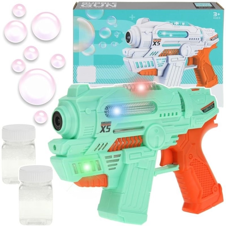 Интерактивна играчка Indiggo, Пистолет за балончета, Със звуци и светлини, 2 бутилки течен сапун, 3+ години, Зелен