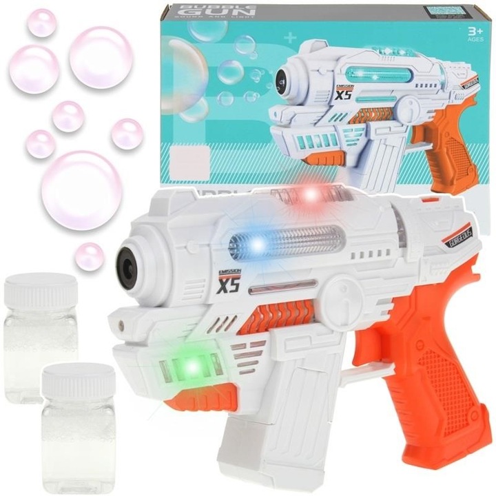 Indiggo Interaktív játék, Bubble Gun, Bubble Gun, Hangokkal és Fényekkel, Tartalmaz 2 üveg folyékony szappant, Indiggo, 3 év+, Fehér