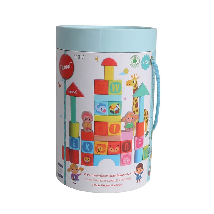 Blocuri de constructie Animale din padure, Iwood, Lemn, 34 buc