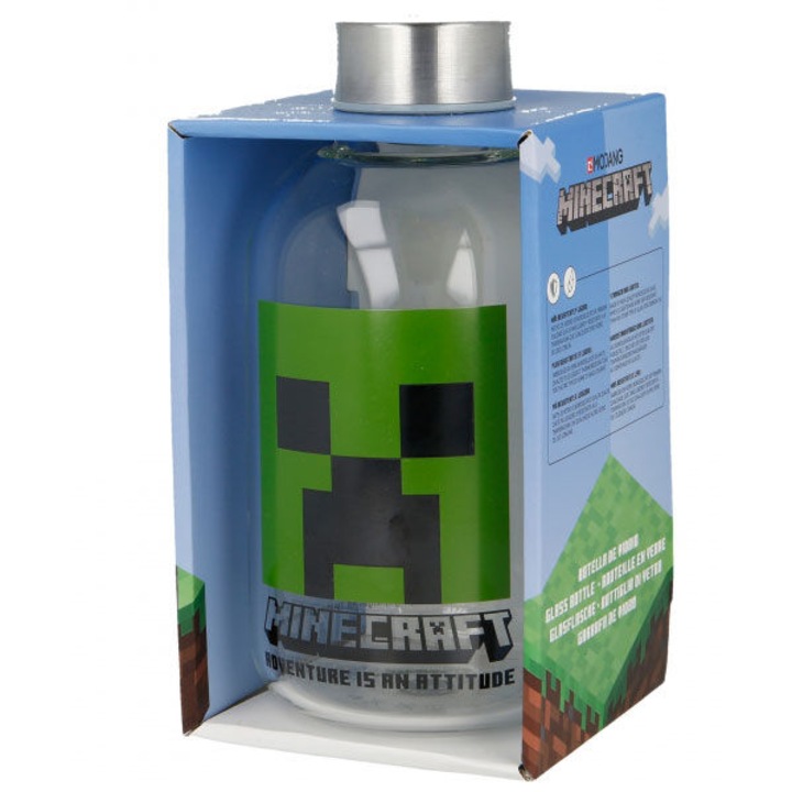 Бутилка за вода, Stor, Minecraft, Стъклена, 620 мл, Зелена