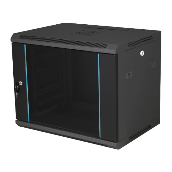 Fémszekrény, fali szekrény, 19", 12U, 600 x 450, kulccsal, üvegajtó