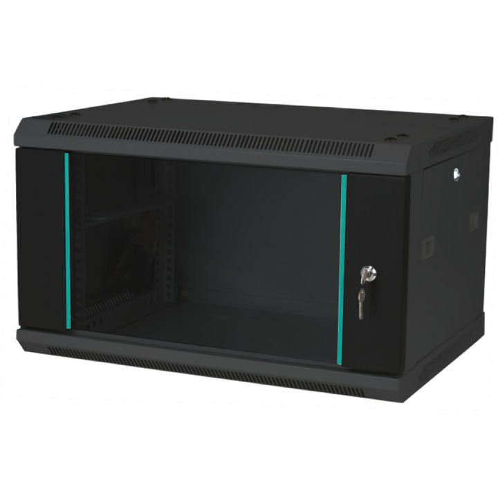 Rack típusú fali szekrény, 19", 6U, 600 x 450, kulccsal, üvegajtó