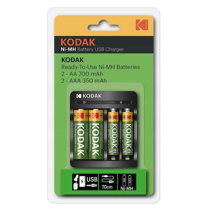 Set baterii reincarcabile si incarcator, Kodak, USB Kodak + 2x Aa 750mah + 2x Aaa, 300Mah