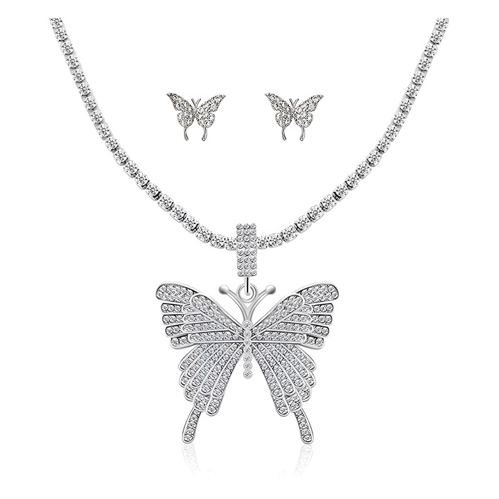 Set de cercei si colier cu fluture, Aliaj, Argintiu