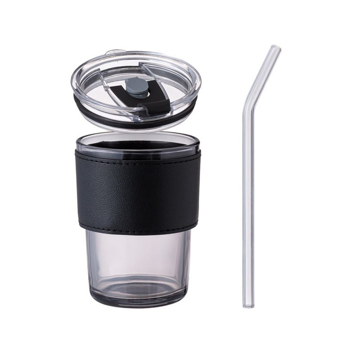 Чаша, Капак, Без BPA, Стъкло, Пластмаса, 9х12,5 см, 350 мл, Прозрачен/Черен