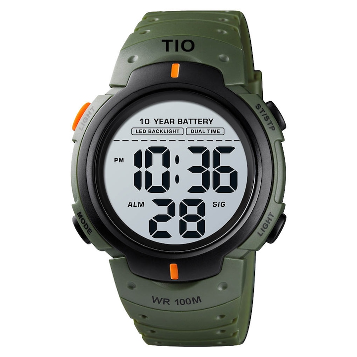 Ceas barbatesc de mana Tio Sport Digital Casual Cronometru Alarma 10 ani baterie 10 ATM Rezistenta la apa Verde Army Militar