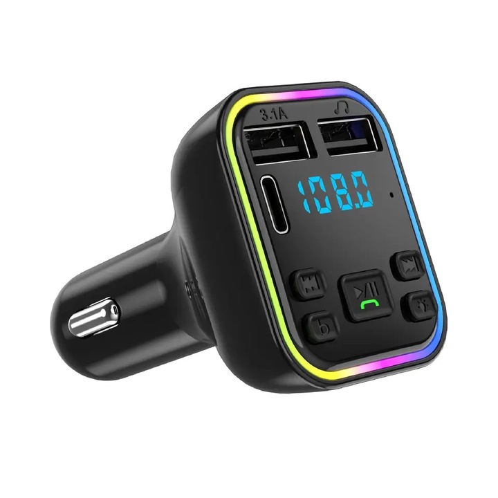 Авто FM трансмитер 1Tech BT-G38, Bluetooth 5.0, Handsfree, RGB, LED дисплей, 2 x USB, 12V-24V, Черен