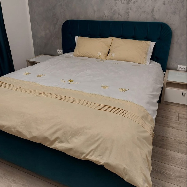 Hímzett paplanhuzat szett 160 x 220 cm és 2 párnahuzat, Casa Bucuriei, Aura modell, krém/fehér, 100% pamut