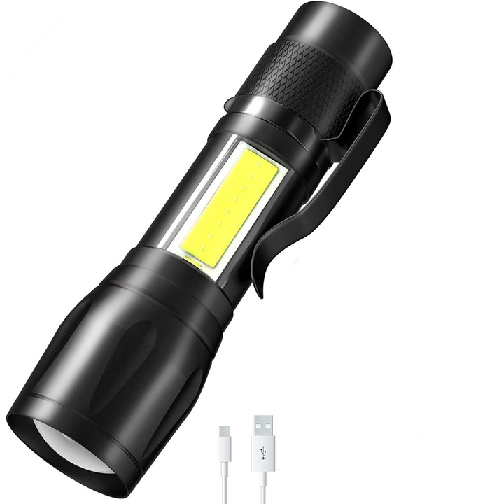 Mini lanterna, LED, 3 Moduri iluminare, Rezistenta la apa, Negru