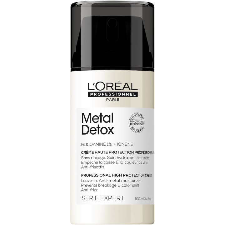 Crema profesioanala fara clatire, L’Oreal Professionnel Serie Expert Metal Detox, hidratanta, cu protectie termica si UV, actioneaza impotriva ruperii parului & mentine culoarea, textura cremoasa, pentru toate tipurile de par, 100ml