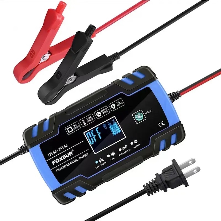 Redresor pentru baterii FOXSUR FR5050 LCD 12V/8A 24V/4A, Albastru