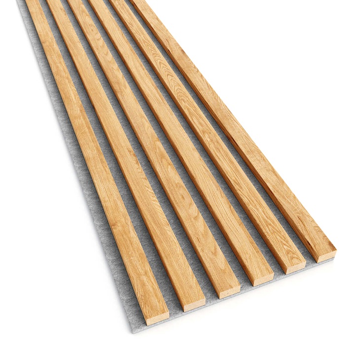 Panou decorativ riflaj acustic lamele MDF pe fetru, Lameo, stejar natural, 275 x 30 cm