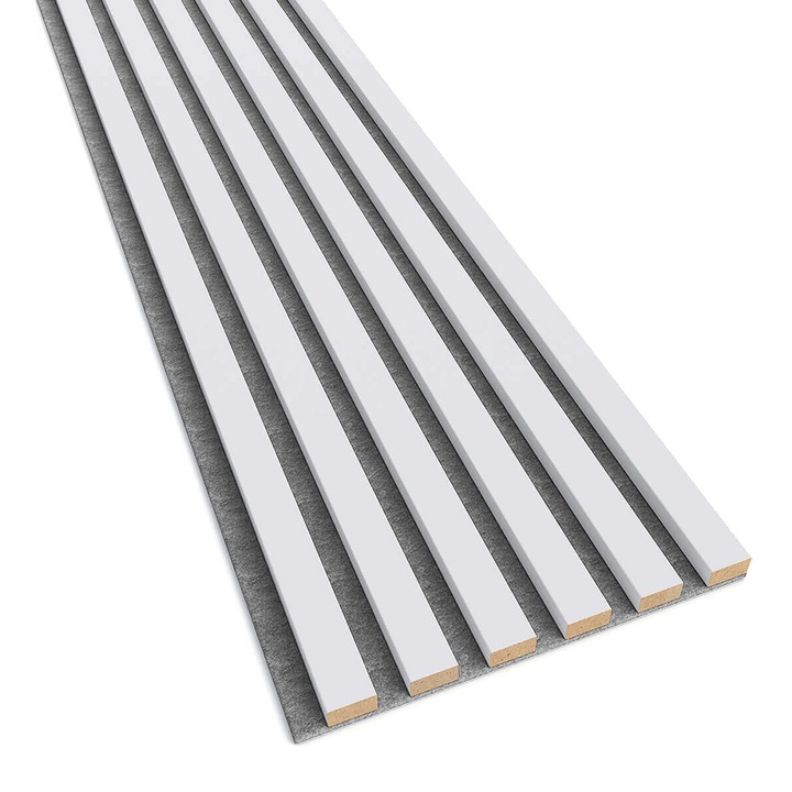 Panou 3D decorativ riflaj lamele MDF pe perete, Lameo, alb mat, 275 x 30 cm