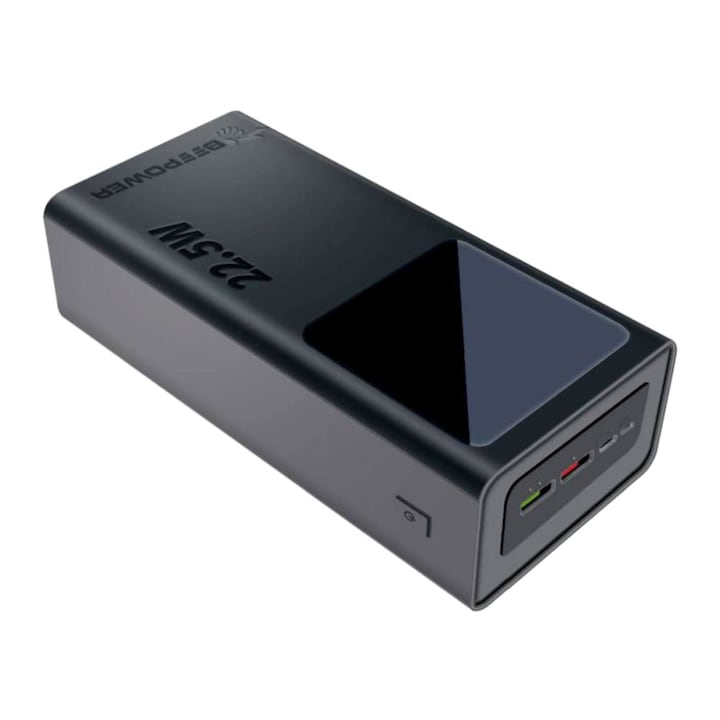 Преносима батерия PD 22.5W, 30000mAh, Power bank тип BeePower BP-30 50012, QC, USB-A и C, дисплей и фенерче, черен