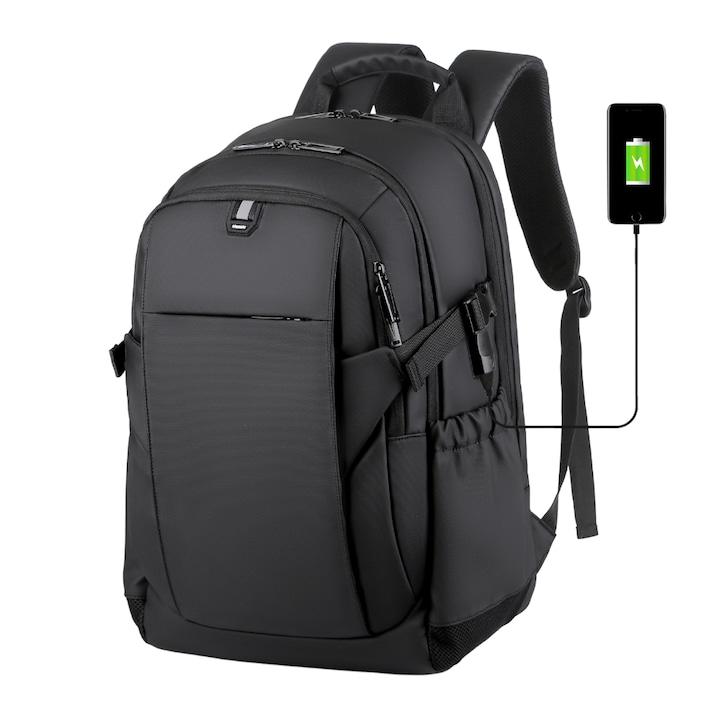 VisionHub Többfunkciós hátizsák, vízálló, USB töltőporttal, smart casual üzleti/utazási célra, 15,6" laptophoz, 30 cm x 45 cm, fekete