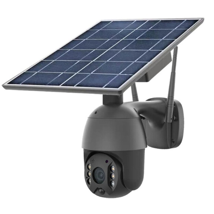 Camera de supraveghere 4G cu Panou Solar, de exterior, Onshop, Full HD, Rotire din aplicatie, rezistenta la apa, comunicare bidirectionala, senzor miscare, Acumulator 15600 mAh, Negru