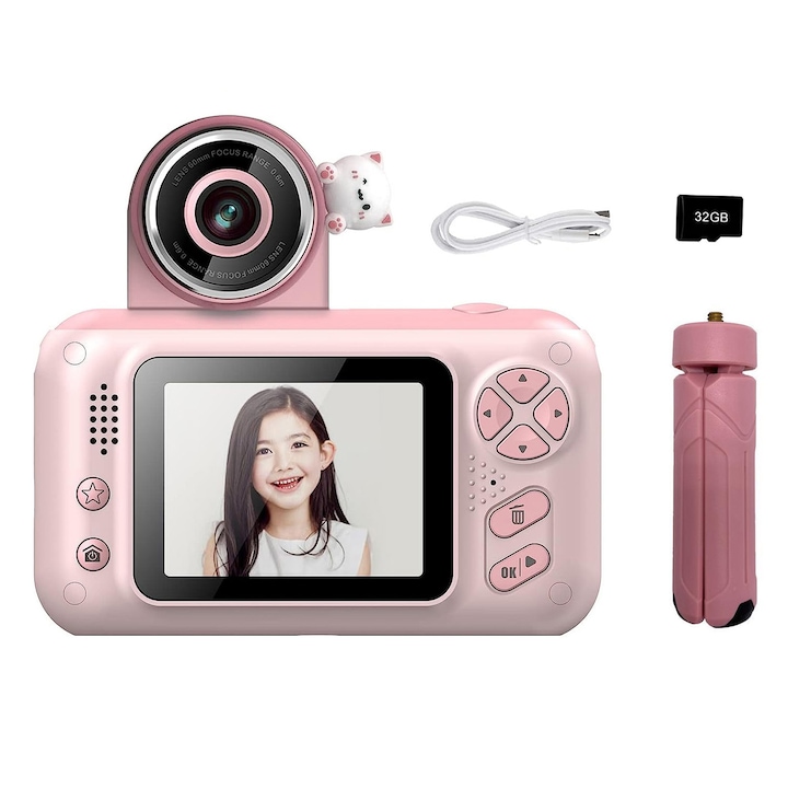 Oein gyerek fényképezőgép, 32 GB, 1080p HD, állvány, rózsaszín