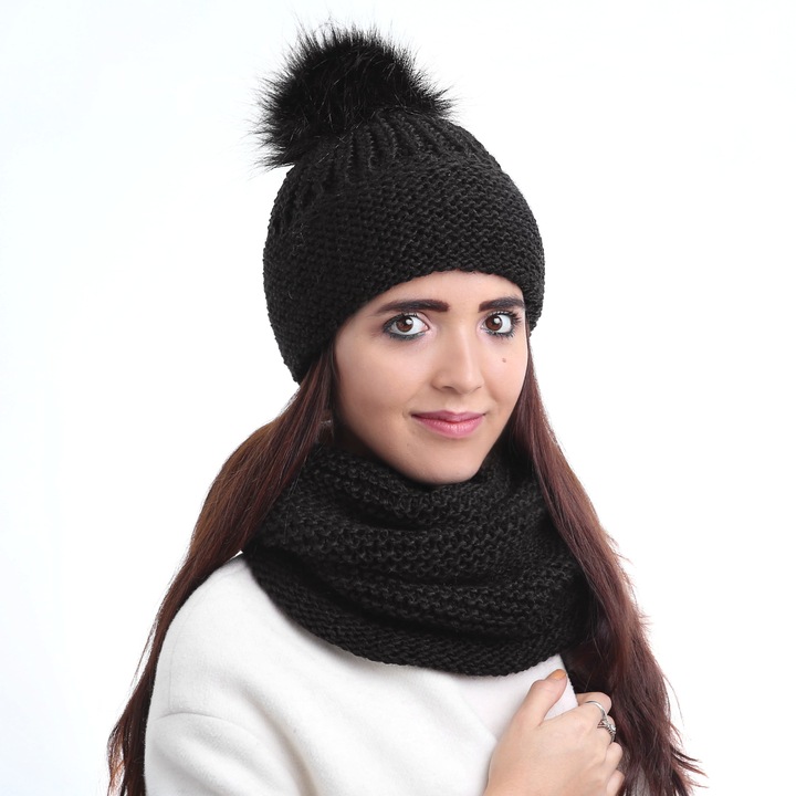 Set caciula si fular circular, Pentru Femei, Aleszale, Negru