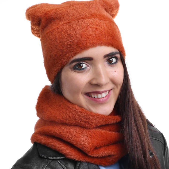 Set caciula si fular circular, Pentru Femei, Aleszale, Portocaliu inchis