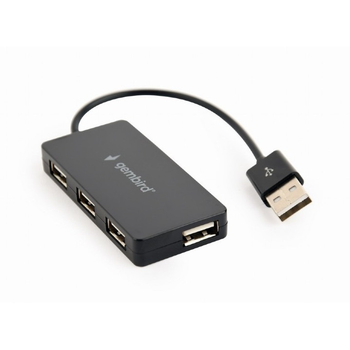 HUB extern GEMBIRD, porturi USB: USB 2.0 x 4, conectare prin USB 2.0, cablu 0.15 m, negru
