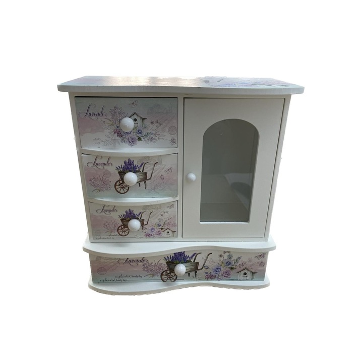 Fa ékszerdoboz, virágmintás, fehér szekrény, 15 cm x 11 cm, R16-07