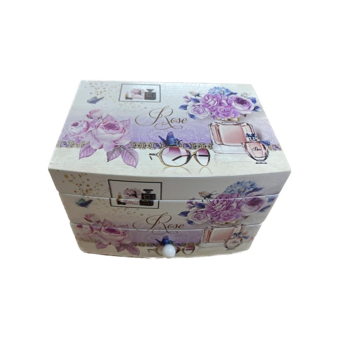 Fa ékszerdoboz, musical, virágmintás, tarka, tükör, 13 cm x 9 cm, R16-13