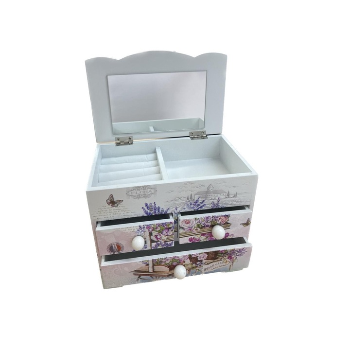 Fa ékszerdoboz, virágmintás, 3 fiókos, tarka, 18 cm x 16 cm, R16-15