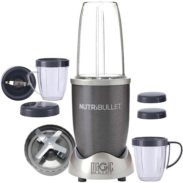 Blender NutriBullet cu 12 accesorii, Bukate, Argintiu, 600W, Fara BPA