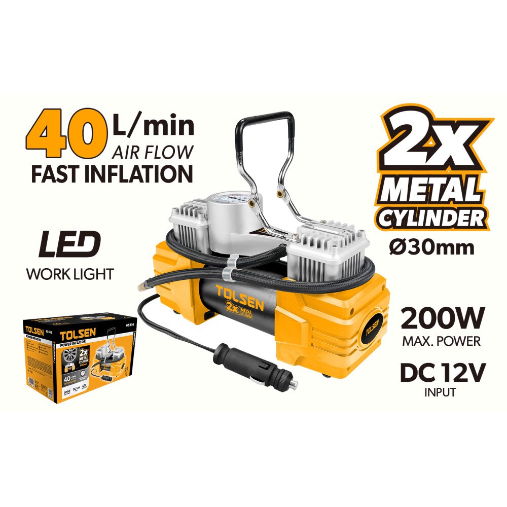 Compresor auto 2 cilindri, 200 W, 100 psi, 12 V, LED, 40 l/min, Tolsen