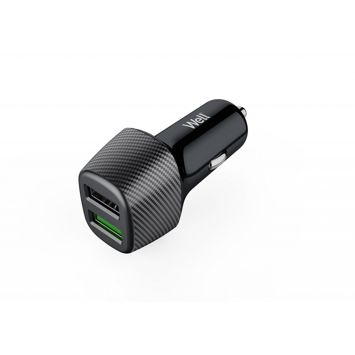 Incarcator auto Well, 1x USB-A QC 3A, 1x USB-A 2.4A, 30W, negru