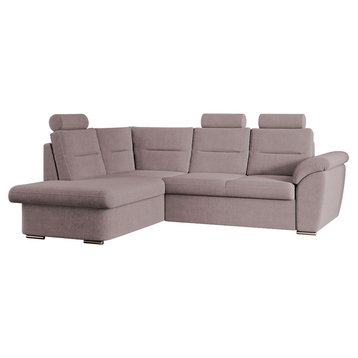 Coltar Biano, extensibil, cu lada depozitare, tetiere reglabile, stofa, 245 x 193 x 106 cm, Roze