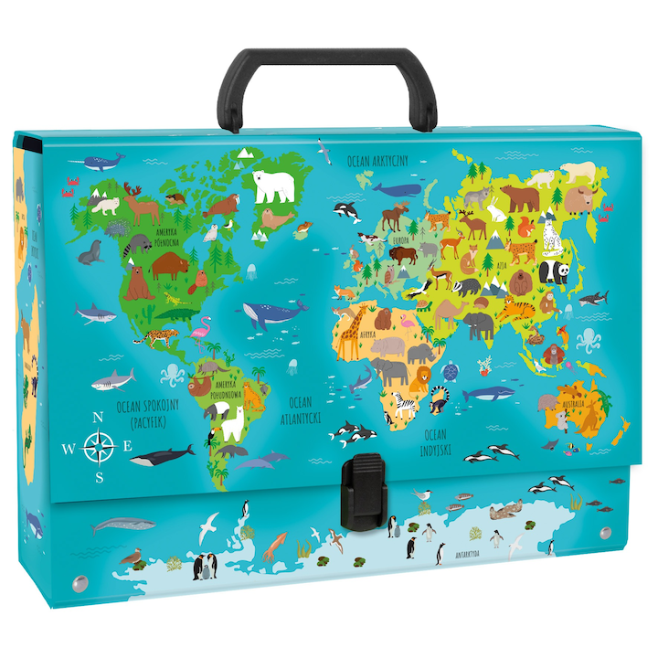 Куфарче с дръжка Derform, А4, 9см, Карта на света