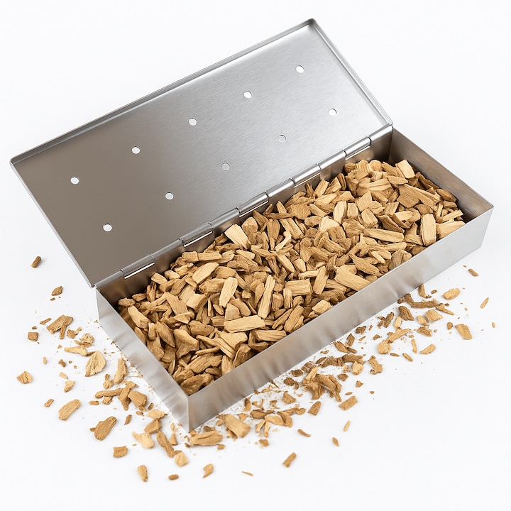 Cutie pentru rumegus afumatoare, Gardenko, din otel inoxidabil, 23x9x4 cm, capac cu balamale, pentru gratar gaz, carbune, electric, cu mix rumegus fag si arin