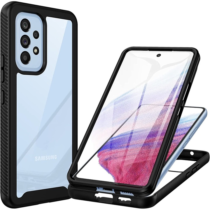 Калъф за Samsung A53 5G, устойчив на удари калъф с протектор на екрана, 360-градусова защита Калъф за телефон Двустранна броня Прозрачен мобилен калъф за Samsung Galaxy A53 5G - черен/прозрачен