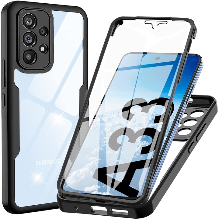 Samsung Galaxy A33 5G kompatibilis tok átlátszó burkolat képernyővédő fóliával 360 fokos ütésálló kettős védelem teljes testű szilikon tok Samsung A33 5G fekete/átlátszó