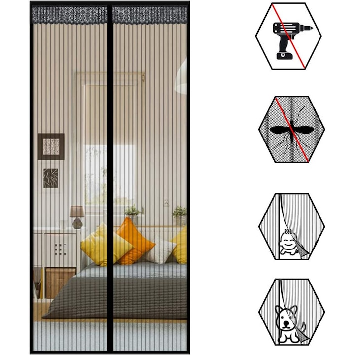 OEM mágneses szúnyogháló ajtóhoz függöny alakú hálós paravánnal 90 x 210 cm-es ajtókhoz, fekete