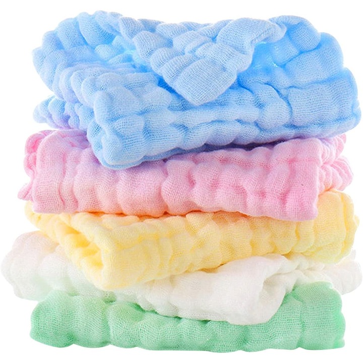 Комплект от 5 бебешки кърпи, Памук, 30 х 30 см, Многоцветни