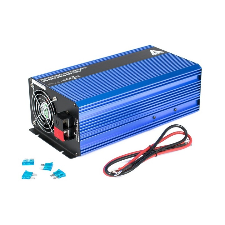 Inversor de tensiune, Azo Digital, IPS-2000S, 2000Va max, 1000Va continuu, unda sinusoidala, carcasa aluminiu, 260x185x90 mm, Albastru