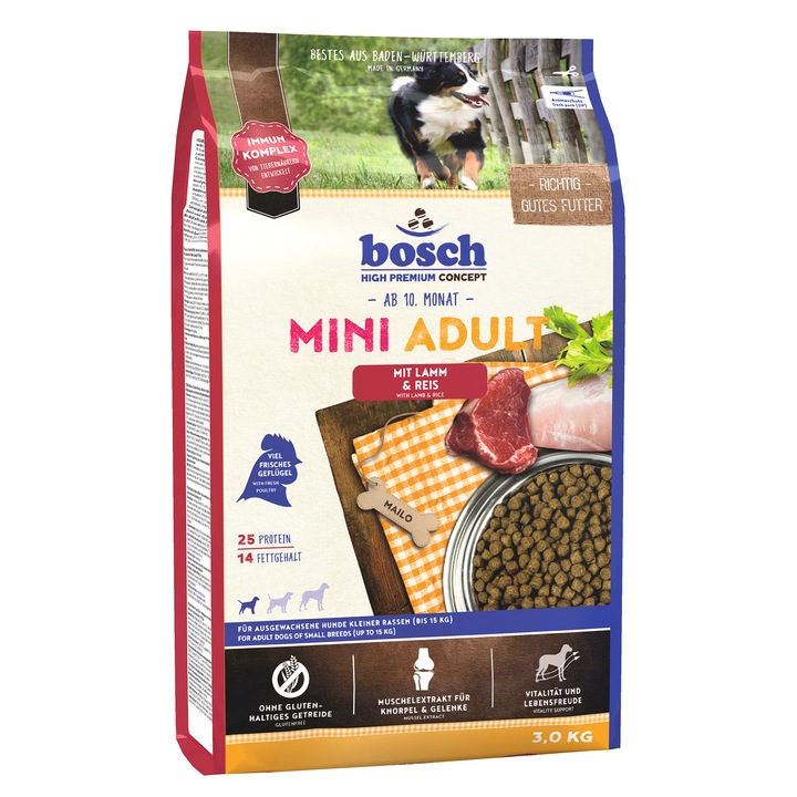 Hrana uscata pentru caini Bosch Adult Mini Miel si Orez, 3Kg