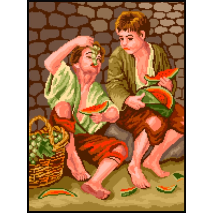 Copii mancand fructe - kit goblen cu panza imprimata