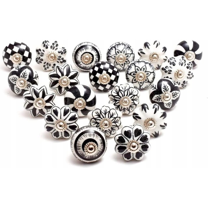 Set de manere pentru mobila, Ceramica, Model indian, 20 bucati, Negru/Alb