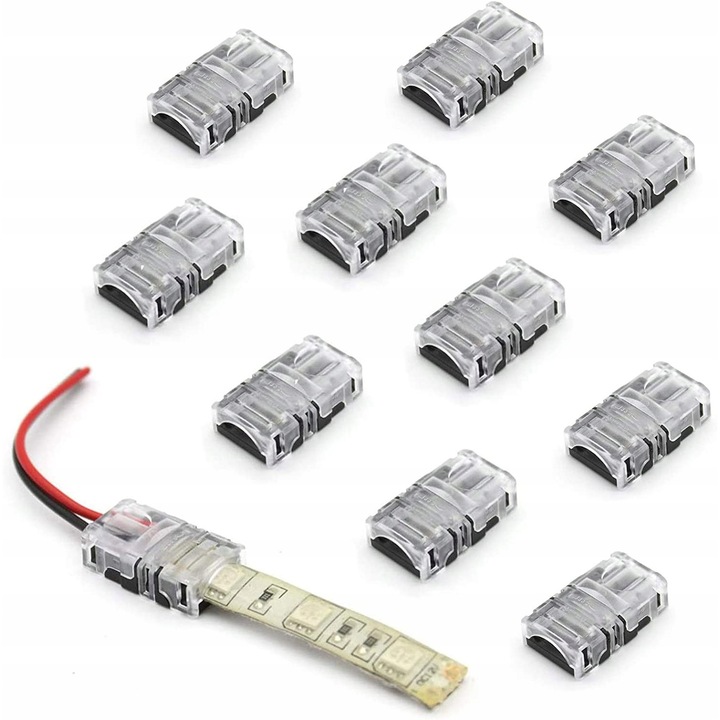 Set 10 conectori plati pentru banda LED, 10mm, Transparent/Negru