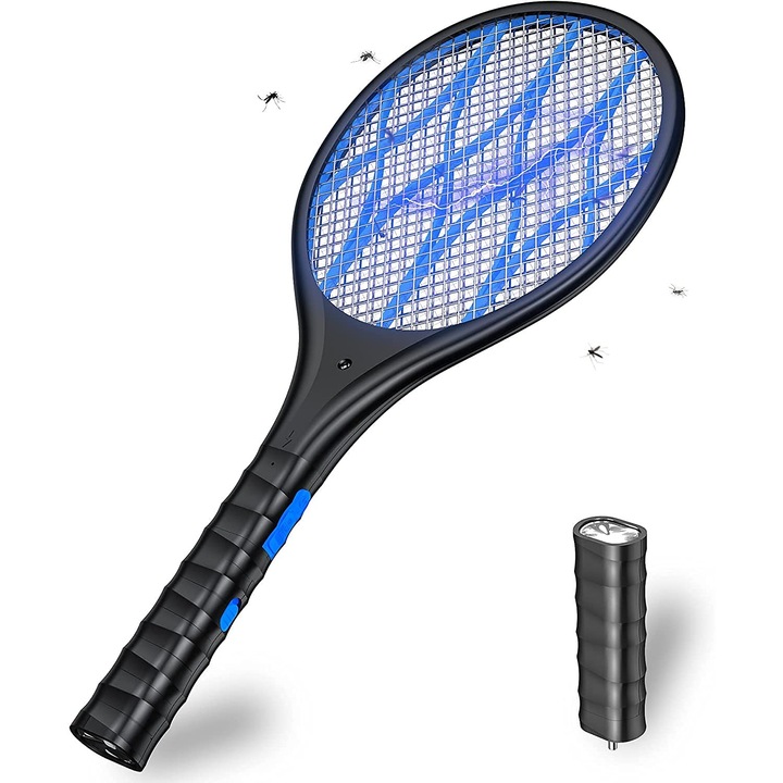 Racheta electrica antidaunatori, LED, 4000V, 1200mAh, Cu functie lanterna, Reincarcabil, Negru