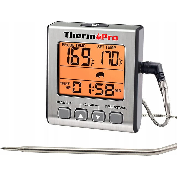 Termometru digital pentru carne, ThermPro, Inox, Ceas/Alarma, Argintiu