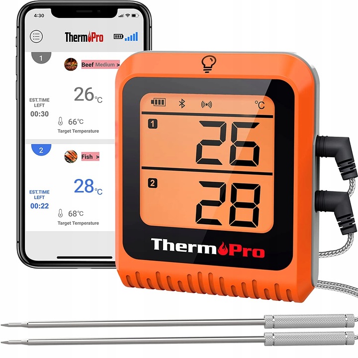 Termometru de bucatarie Thermpro, Plastic, Bluetooth, 2 sonde, ecran LCD, Portocaliu