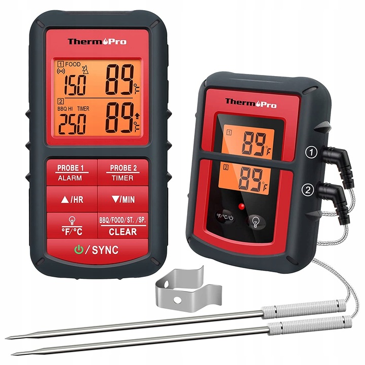 Termometru de bucatarie digital cu radio, 2 sonde, afisaj LCD, functie timer si stoper, 150m, inox