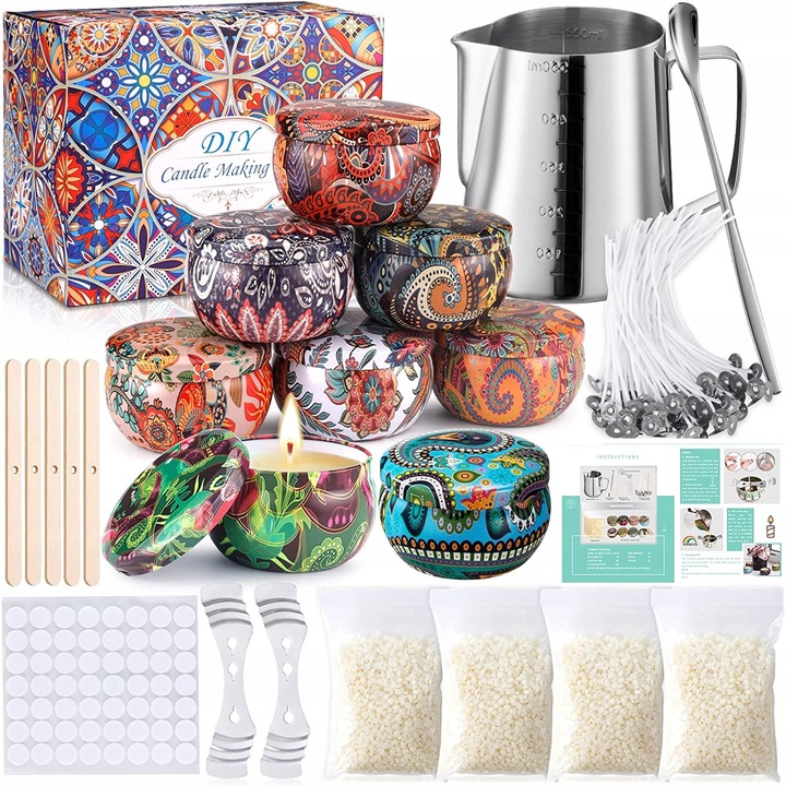 Set creativ DIY pentru lumanari, SaiXuan, 2 suporturi pentru fitil, 50 fitiluri, 8 recipiente metalice, 480g ceara ecologica, 450ml recipient topire