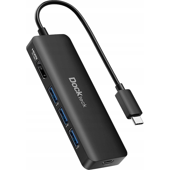 Hub USB C 5 in 1, HDMI 4K, 3 porturi USB 3.0, 100W, Negru