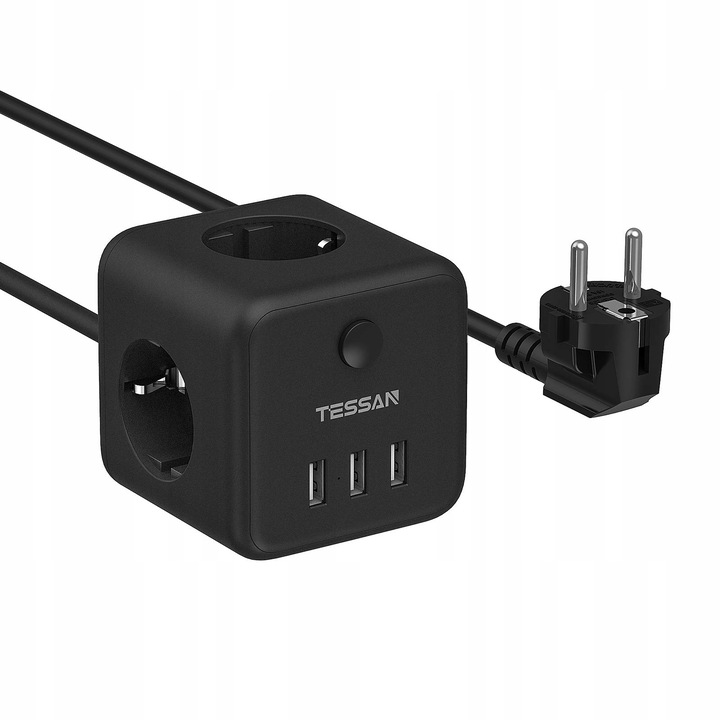 Prelungitor cub, 3 prize, 3 porturi USB, Protectie supratensiune, 1.5m, Negru
