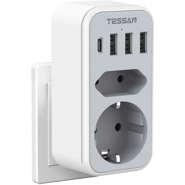 Adaptor priza cu 3 porturi USB/ USB-C, compact pentru calatorii, 3600W, 5.4x10.7x4.0cm, Alb